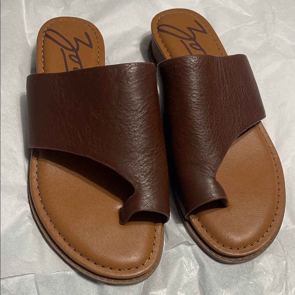 Leather Toe-Ring Slide Sandals - Brown